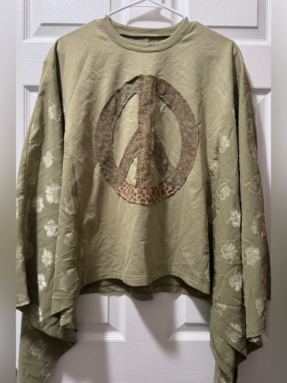 Relaxed Boho Olive Green Peace Sign Pullover Top with Embroidered Sleeves